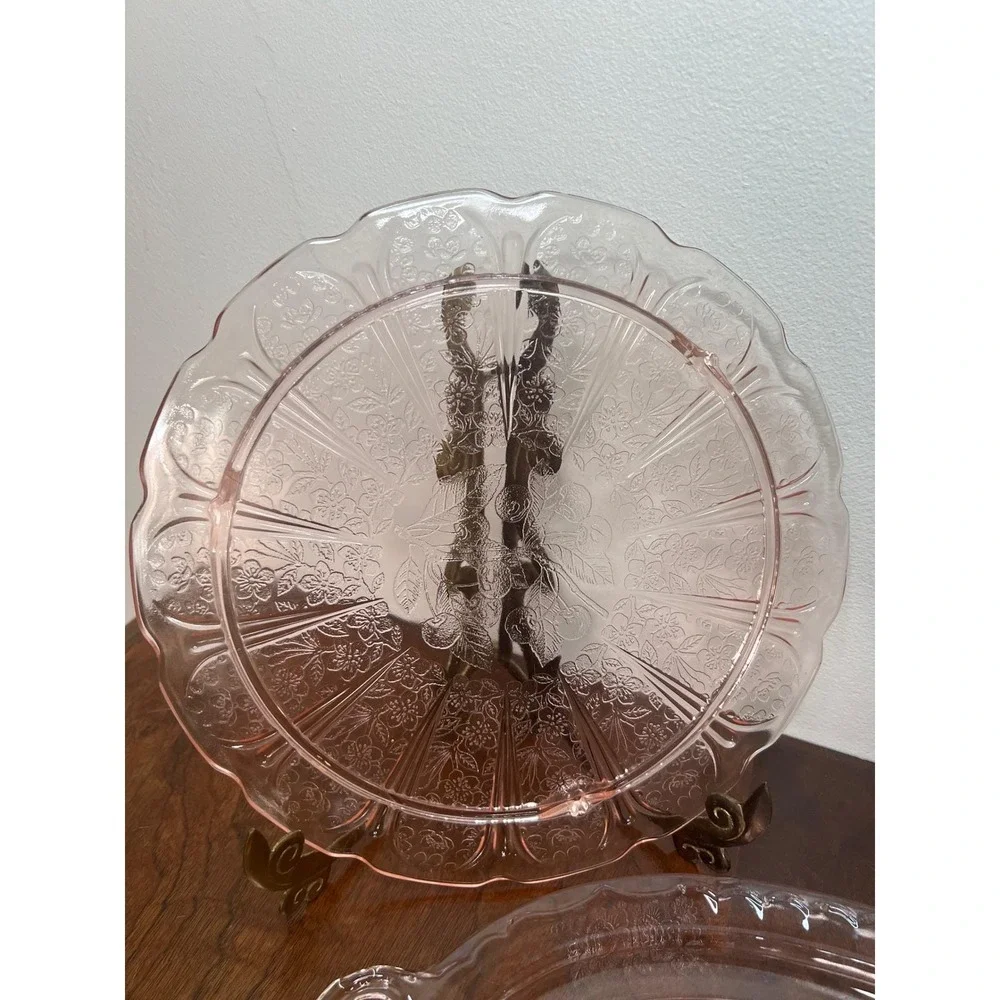 Pink Depression Glass Floral Etching Tray and Platter Set Vintage Serving Plates